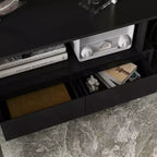 Mobile TV nero allungabile con luci LED RGB, 2 ante e 2 cassetti, adatto per TV fino a 80"
