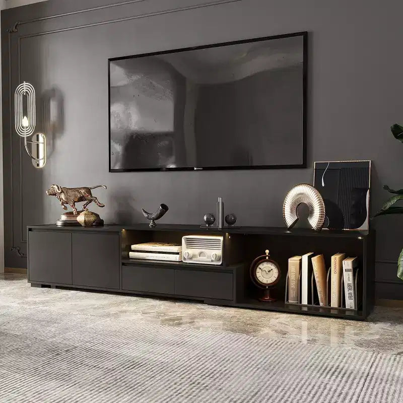 Mobile TV nero allungabile con luci LED RGB, 2 ante e 2 cassetti, adatto per TV fino a 80"