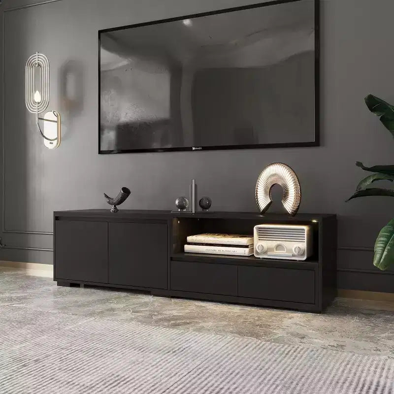 Mobile TV nero allungabile con luci LED RGB, 2 ante e 2 cassetti, adatto per TV fino a 80"