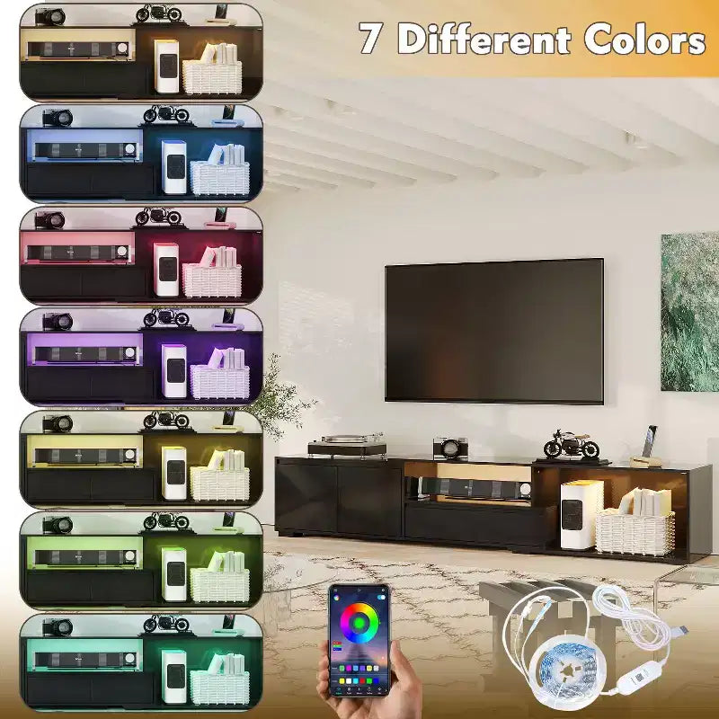 Mobile TV nero allungabile con luci LED RGB, 2 ante e 2 cassetti, adatto per TV fino a 80"