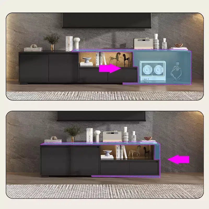 Mobile TV nero allungabile con luci LED RGB, 2 ante e 2 cassetti, adatto per TV fino a 80"