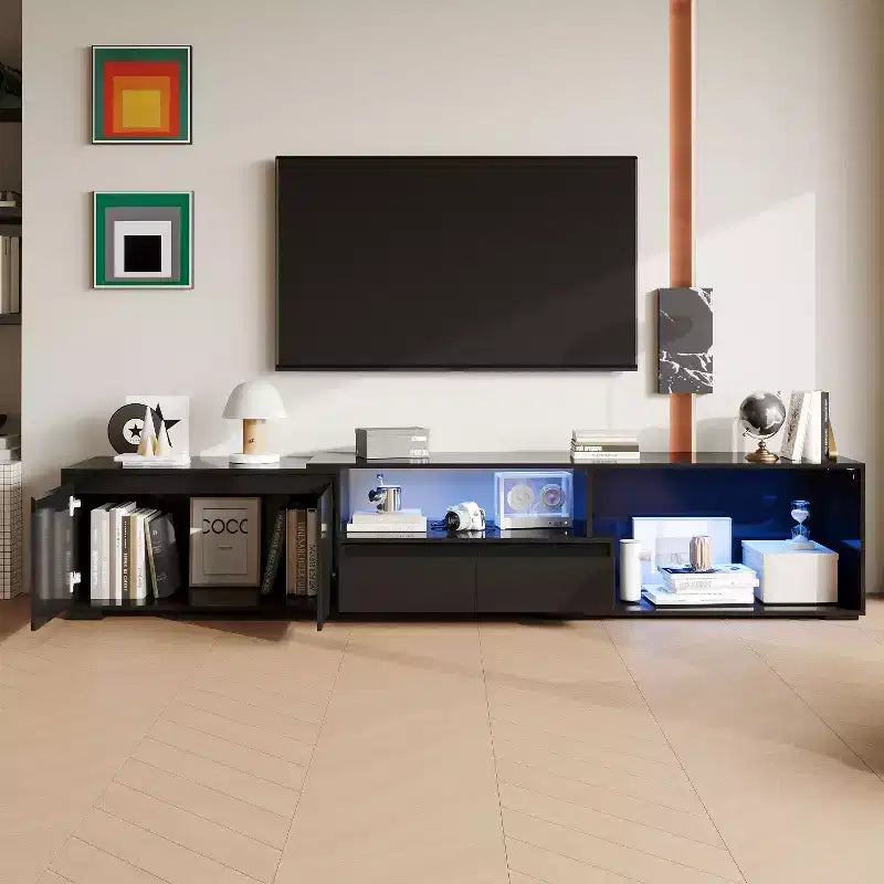 Mobile TV nero allungabile con luci LED RGB, 2 ante e 2 cassetti, adatto per TV fino a 80"