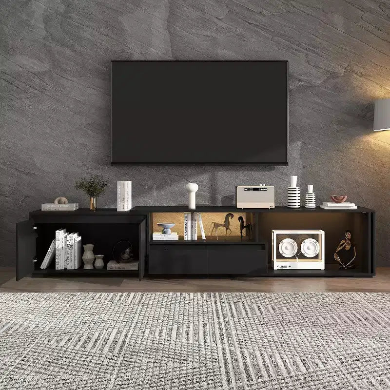 Mobile TV nero allungabile con luci LED RGB, 2 ante e 2 cassetti, adatto per TV fino a 80"