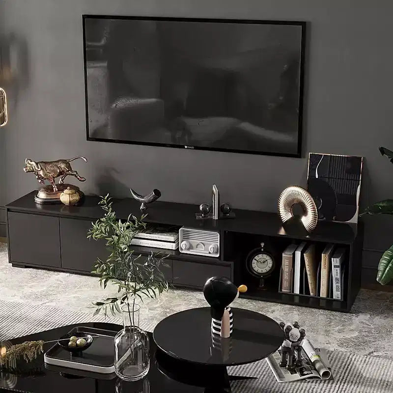 Mobile TV nero allungabile con luci LED RGB, 2 ante e 2 cassetti, adatto per TV fino a 80"
