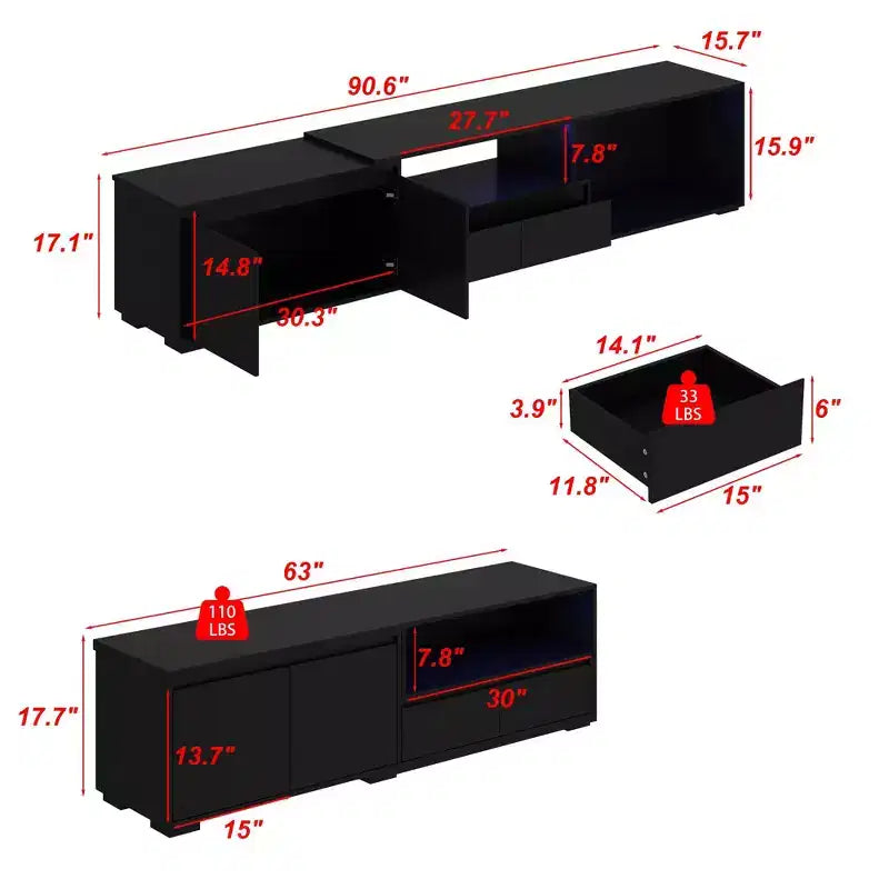 Mobile TV nero allungabile con luci LED RGB, 2 ante e 2 cassetti, adatto per TV fino a 80"