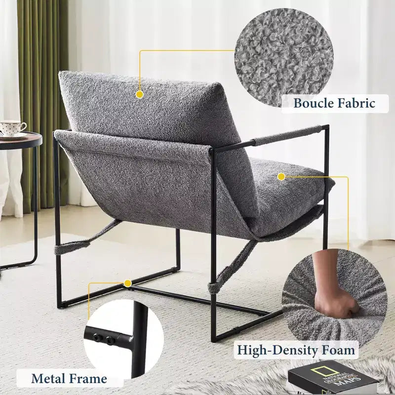 Poltrona/Sedia Accent in Bouclé Grigio e Bianco Avorio con Telaio in Metallo, Seduta Singola
