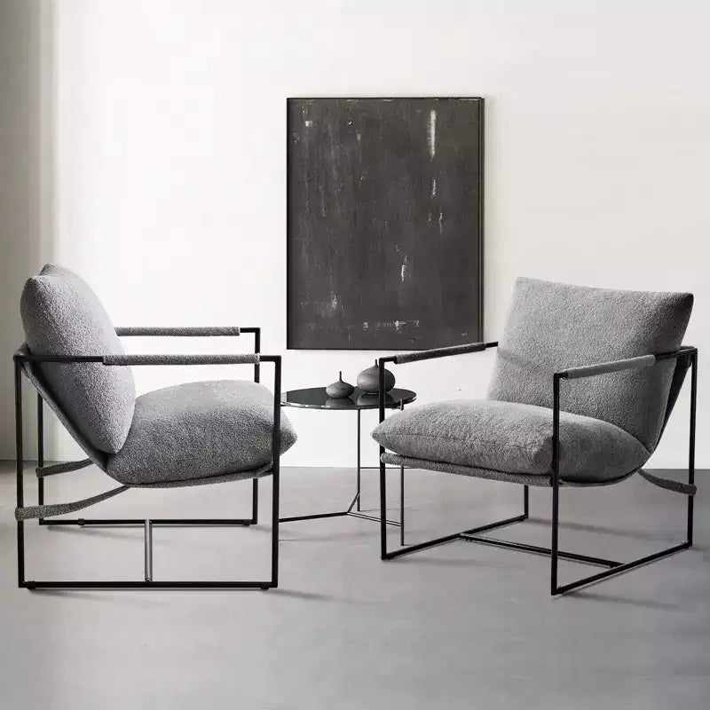 Poltrona/Sedia Accent in Bouclé Grigio e Bianco Avorio con Telaio in Metallo, Seduta Singola