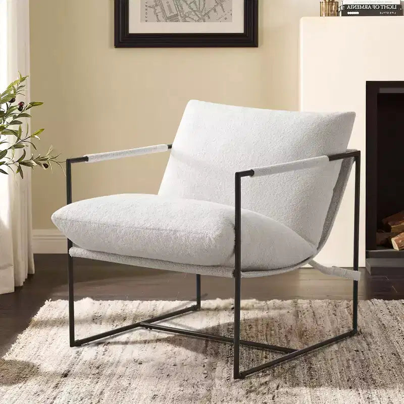 Poltrona/Sedia Accent in Bouclé Grigio e Bianco Avorio con Telaio in Metallo, Seduta Singola