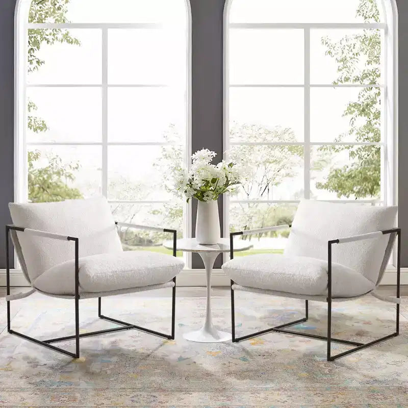 Poltrona/Sedia Accent in Bouclé Grigio e Bianco Avorio con Telaio in Metallo, Seduta Singola