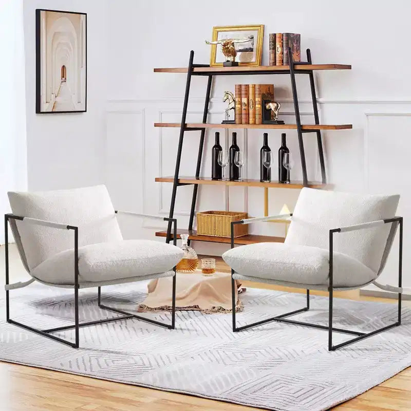 Poltrona/Sedia Accent in Bouclé Grigio e Bianco Avorio con Telaio in Metallo, Seduta Singola
