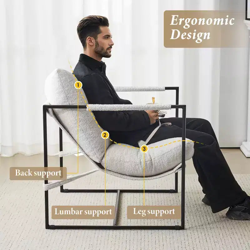 Poltrona/Sedia Accent in Bouclé Grigio e Bianco Avorio con Telaio in Metallo, Seduta Singola