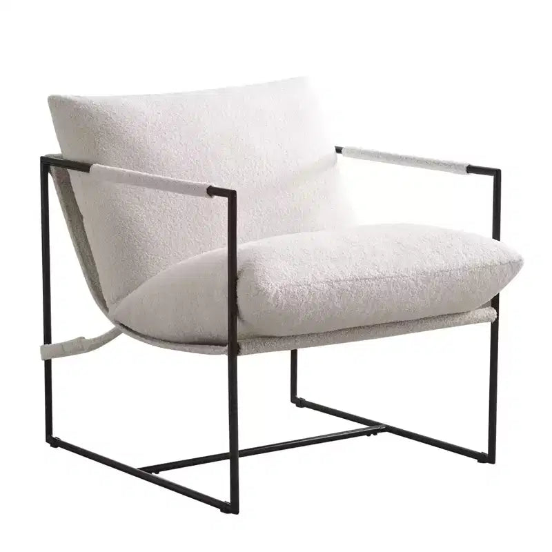 Poltrona/Sedia Accent in Bouclé Grigio e Bianco Avorio con Telaio in Metallo, Seduta Singola