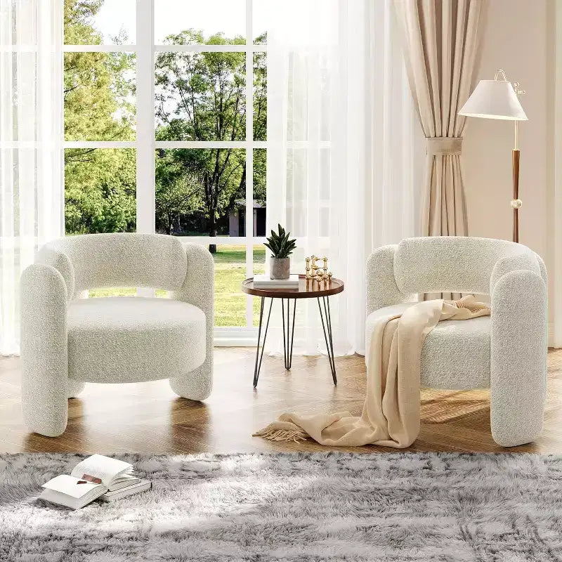 Poltroncine a botte in ciniglia grigio/bianco, con schienale aperto, set da 2