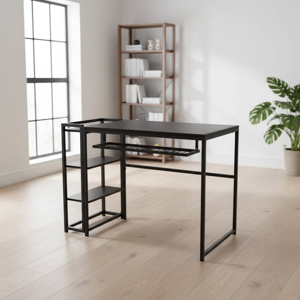 35-inch folding coffee table/computer desk with storage shelves, space-saving, sturdy and durable, no assembly required.