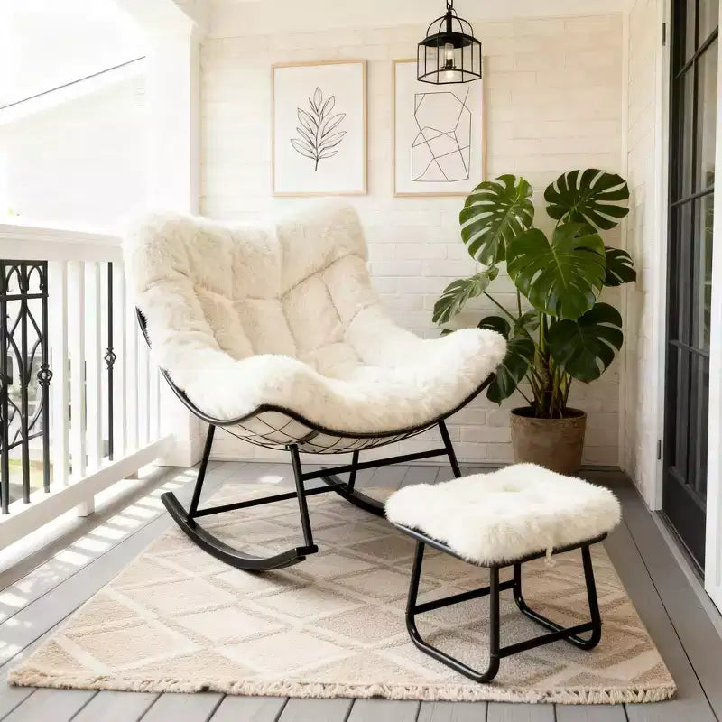 Oversized Papasan Rocking Chair with Ottoman and Soft Plush Cushion, Lounge Chair with Footrest and Sturdy Metal Frame, Egg Rocker for Living Room
