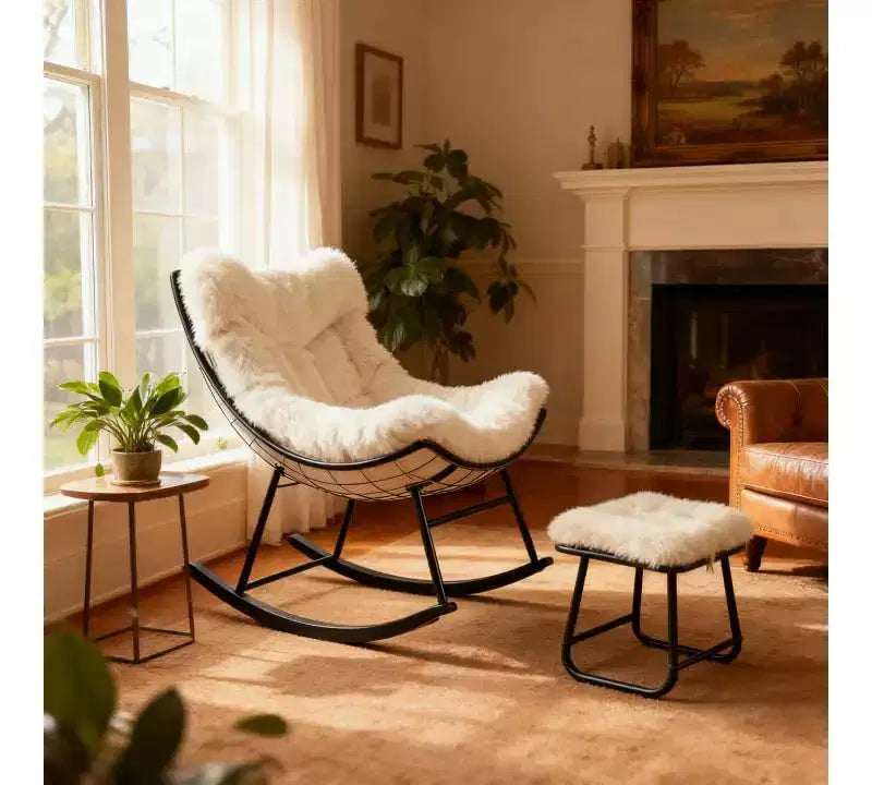 Sedia a dondolo Papasan beige con poggiapiedi, set a dondolo a uovo in 2 pezzi per 2 persone