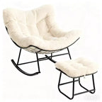 Sedia a dondolo Papasan beige con poggiapiedi, set a dondolo a uovo in 2 pezzi per 2 persone