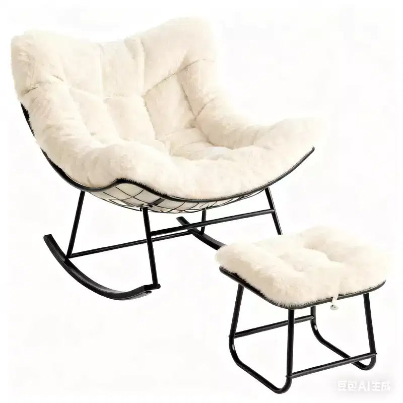 Sedia a dondolo Papasan beige con poggiapiedi, set a dondolo a uovo in 2 pezzi per 2 persone