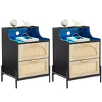 COZONY 2-Pack Wooden Rattan Nightstand with Charging Station and LED Lights, Modern Bedside Table Set for Bedroom and Living Room
