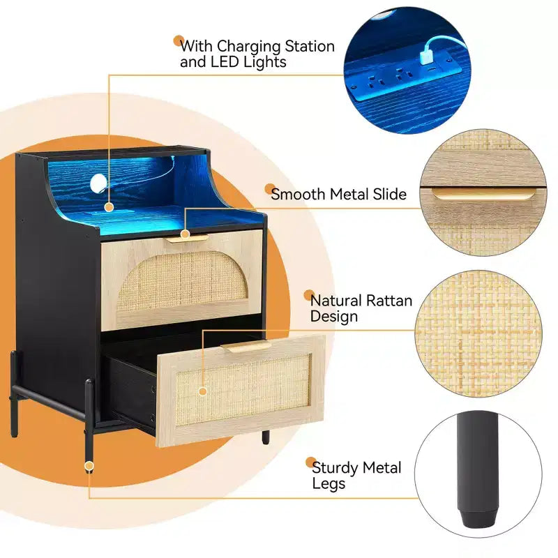 Comodino matrimoniale in legno nero e rattan con stazione di ricarica e luci LED