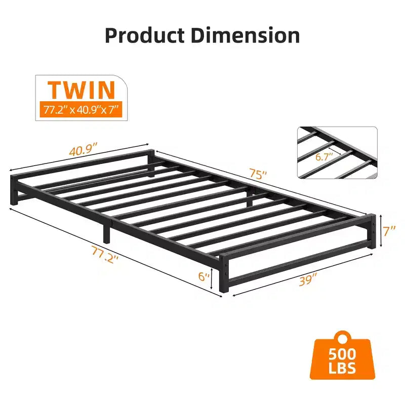 Struttura letto a piattaforma bassa in metallo nero, doghe in acciaio, senza testiera, singolo/matrimoniale/queen size, 1-2 persone