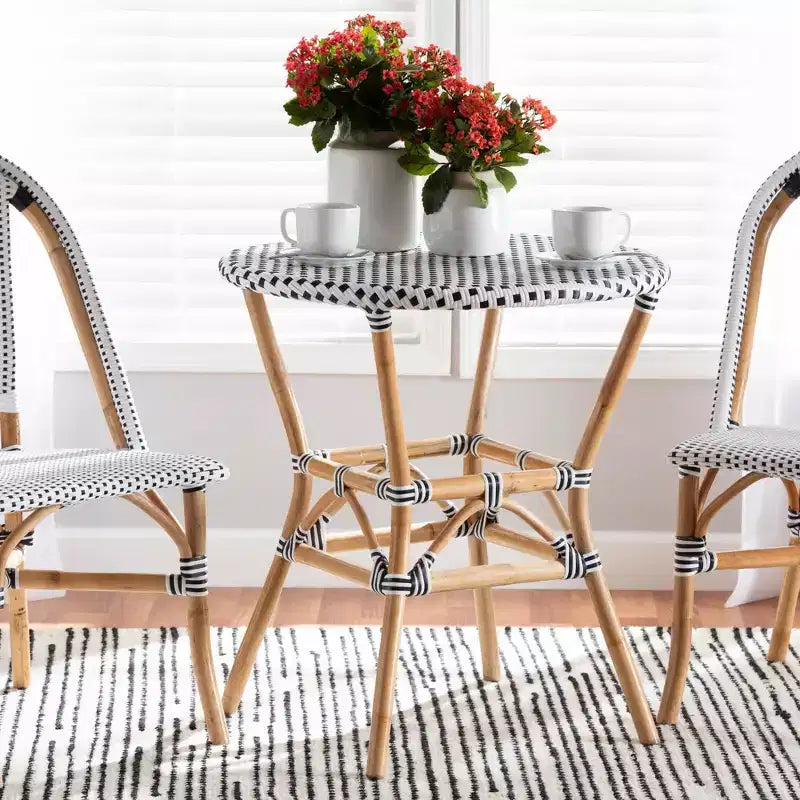Tavolo da pranzo rotondo in rattan bianco e marrone – Stile bohémien, 4 posti a sedere