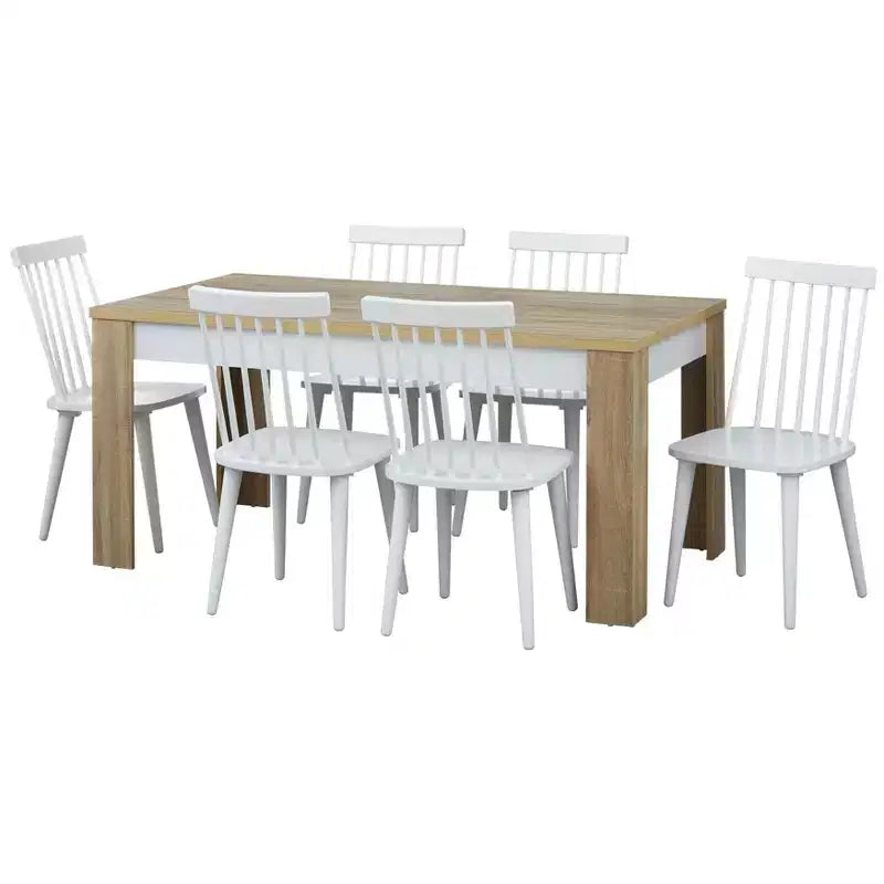 Buylateral 7pc Ericson Modern Dining Set Natural/White: Contemporary Style, Rectangle Table, 6 Chairs