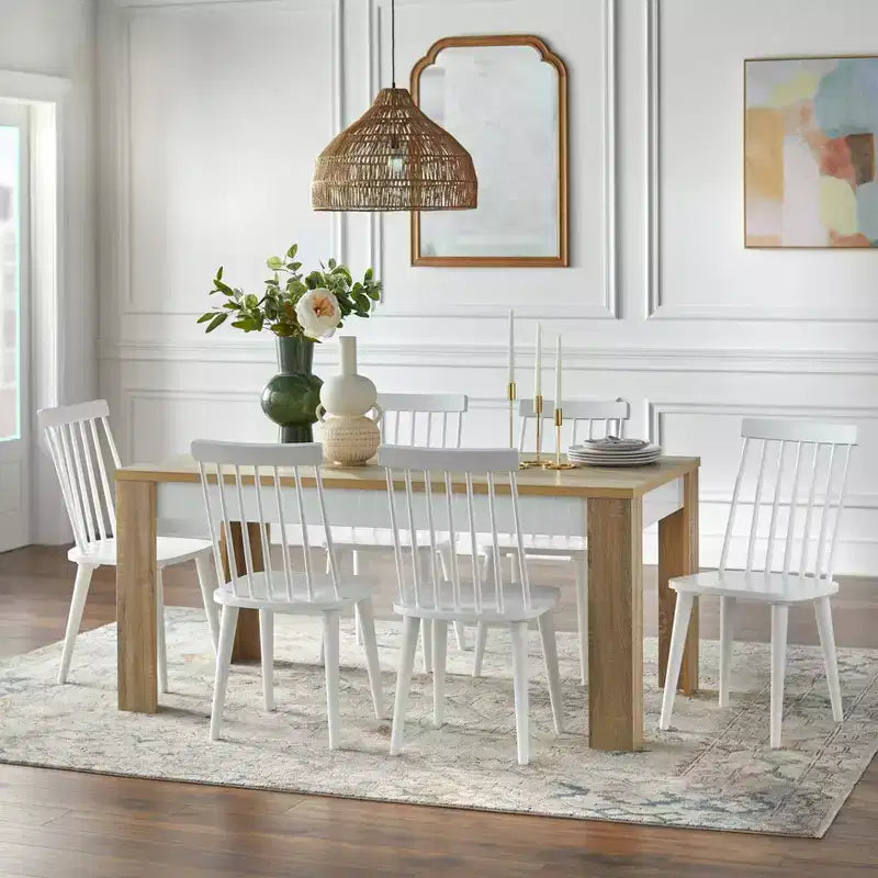 Set tavolo da pranzo rettangolare naturale/bianco, 6 posti, 7 pezzi