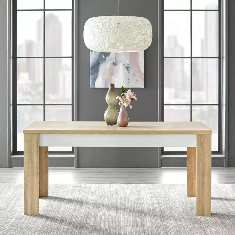 Set tavolo da pranzo rettangolare naturale/bianco, 6 posti, 7 pezzi