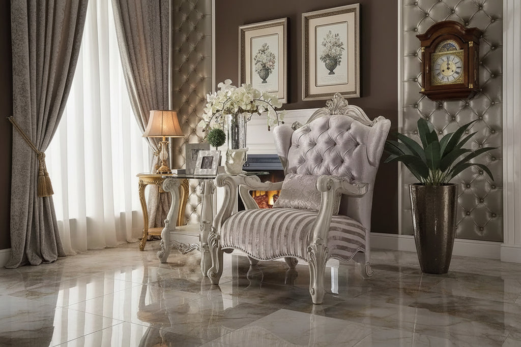 33" Versailles Fabric Chair Ivory/Bone White - Acme Furniture: Crescent Traditional Design, No Assembly Required