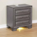 Comodino a 3 cassetti in legno rustico grigio con porte USB (1 persona)