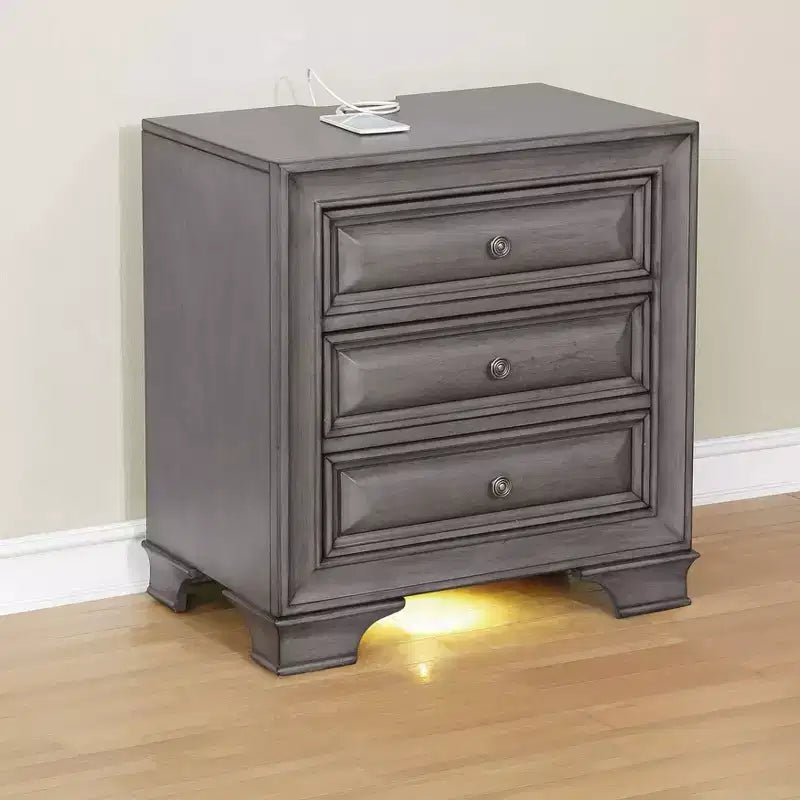 Comodino a 3 cassetti in legno rustico grigio con porte USB (1 persona)