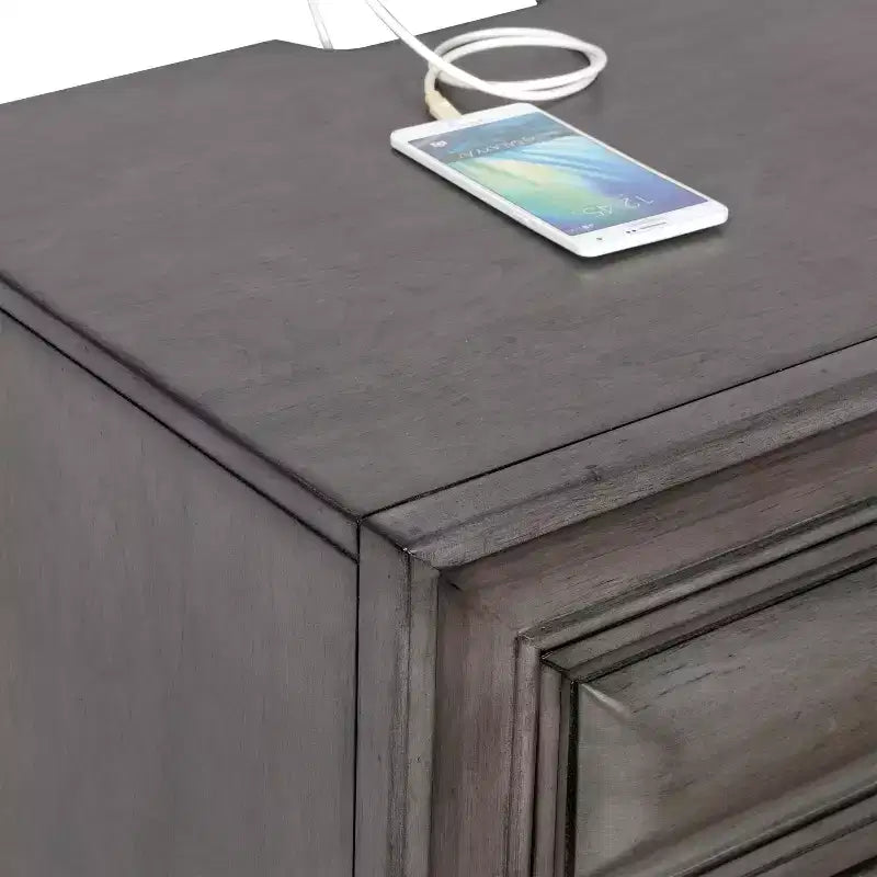 Comodino a 3 cassetti in legno rustico grigio con porte USB (1 persona)