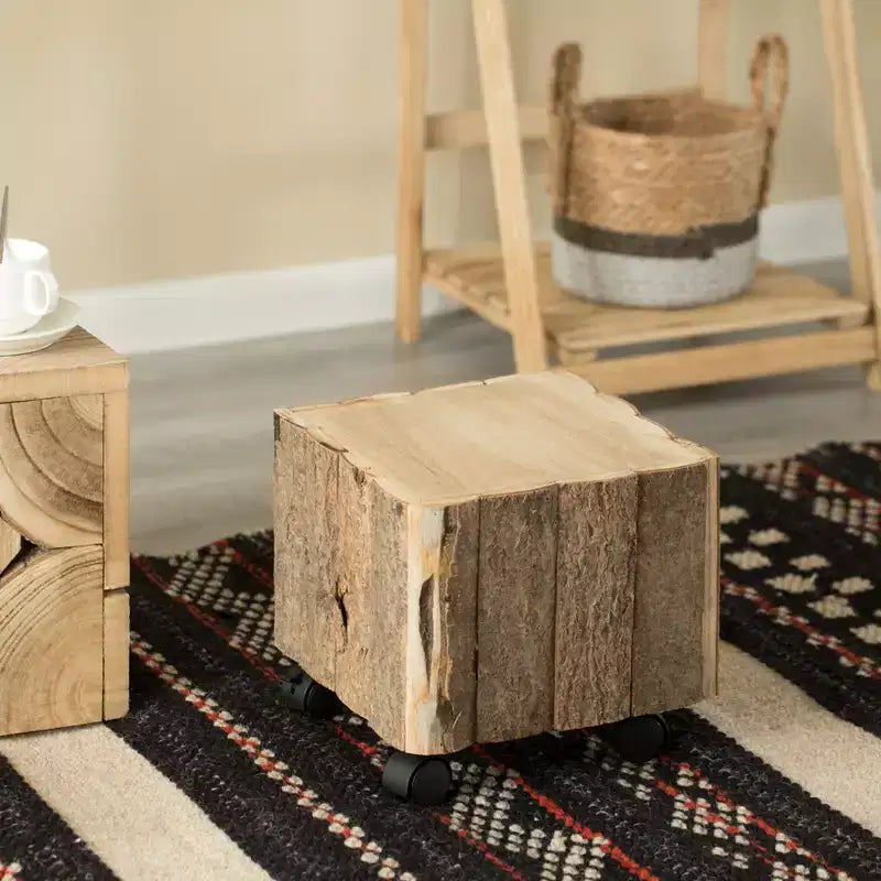 Sgabello in legno naturale a tronco quadrato con ruote, 1 posto, marrone