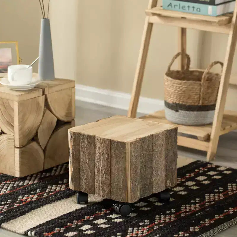 Sgabello in legno naturale a tronco quadrato con ruote, 1 posto, marrone