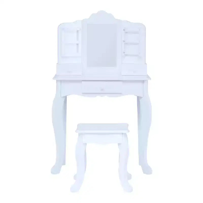 Set Tavolo da trucco e sgabello bianchi per bambini con specchio e contenitore, 1 posto