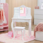 Set Tavolo da trucco e sgabello bianchi per bambini con specchio e contenitore, 1 posto