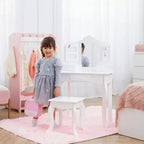 Set Tavolo da trucco e sgabello bianchi per bambini con specchio e contenitore, 1 posto