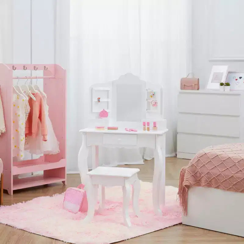 Set Tavolo da trucco e sgabello bianchi per bambini con specchio e contenitore, 1 posto