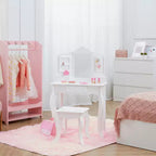 Set Tavolo da trucco e sgabello bianchi per bambini con specchio e contenitore, 1 posto