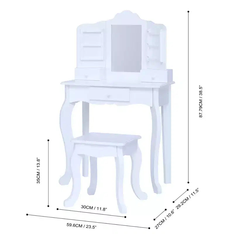 Set Tavolo da trucco e sgabello bianchi per bambini con specchio e contenitore, 1 posto