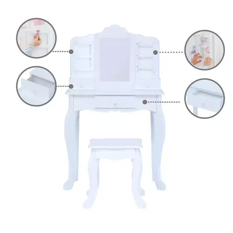 Set Tavolo da trucco e sgabello bianchi per bambini con specchio e contenitore, 1 posto