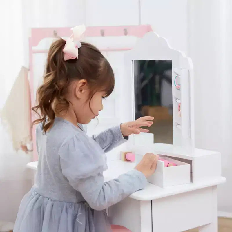 Set Tavolo da trucco e sgabello bianchi per bambini con specchio e contenitore, 1 posto