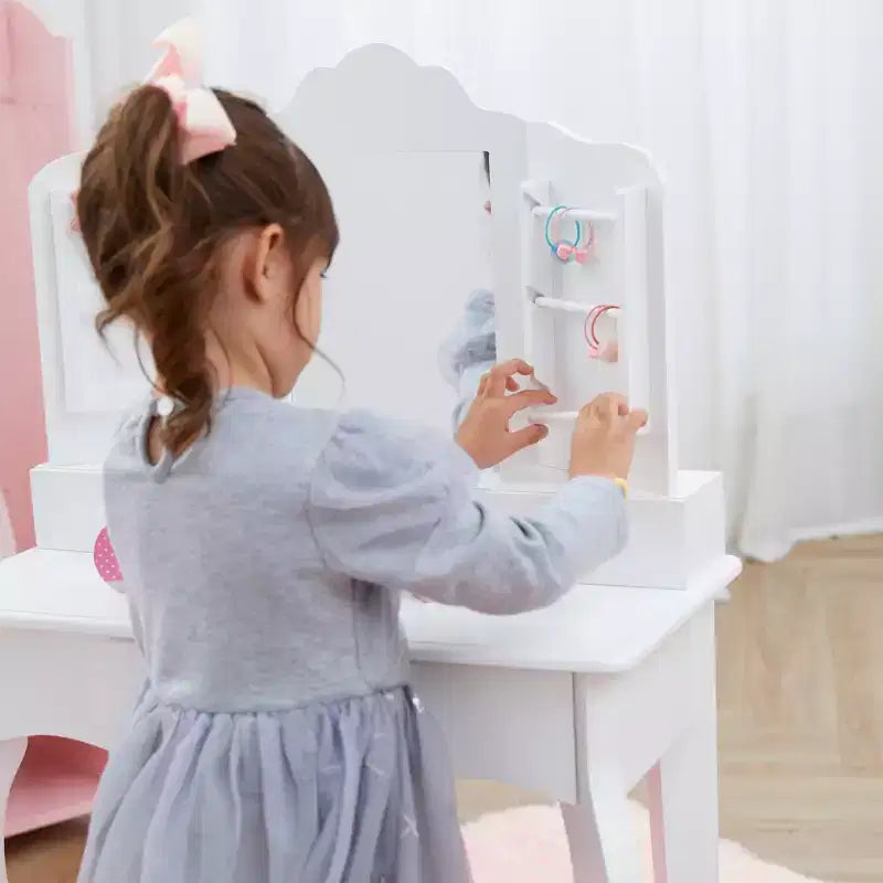 Set Tavolo da trucco e sgabello bianchi per bambini con specchio e contenitore, 1 posto