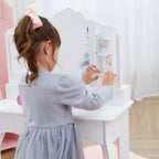 Set Tavolo da trucco e sgabello bianchi per bambini con specchio e contenitore, 1 posto