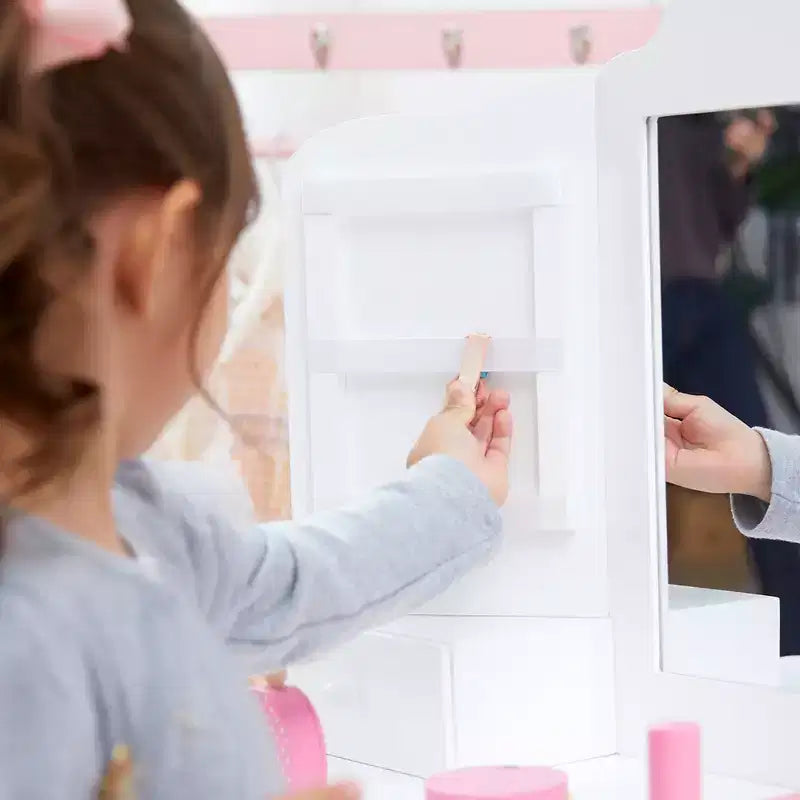 Set Tavolo da trucco e sgabello bianchi per bambini con specchio e contenitore, 1 posto